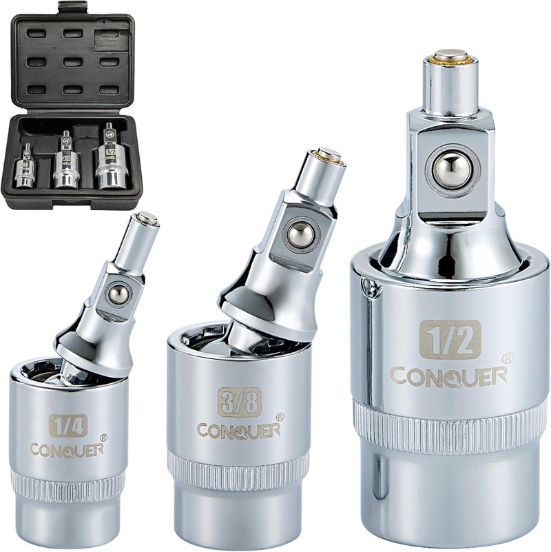 Conquer Magnetic 2-Stage Universal Joint Socket Extension Set – 1/4", 3/8" & 1/2" Drive CR-MO Steel Adapters with Swivel & Fixed Positions, Magnetic Tip for Automotive, Mechanic & DIY Repairs - Image 1